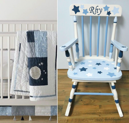 Hand-painted wooden rocking chair by Flora Ottimer with detailed floral artwork, showcasing craftsmanship and artistic design.