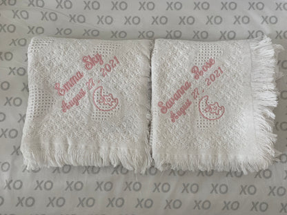 Monogrammed cotton carriage throw by Flora Ottimer, soft and elegant with personalized monogram detail on woven fabric.