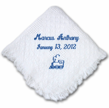 Monogrammed cotton carriage throw by Flora Ottimer, soft woven blanket with personalized monogram detail.