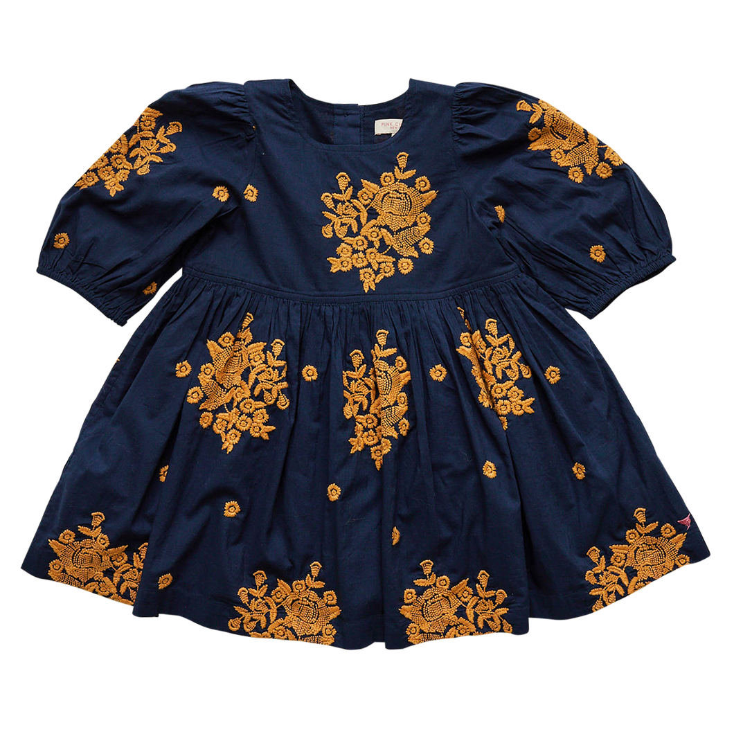 Girls Brooke Dress with Navy and Gold Embroidery