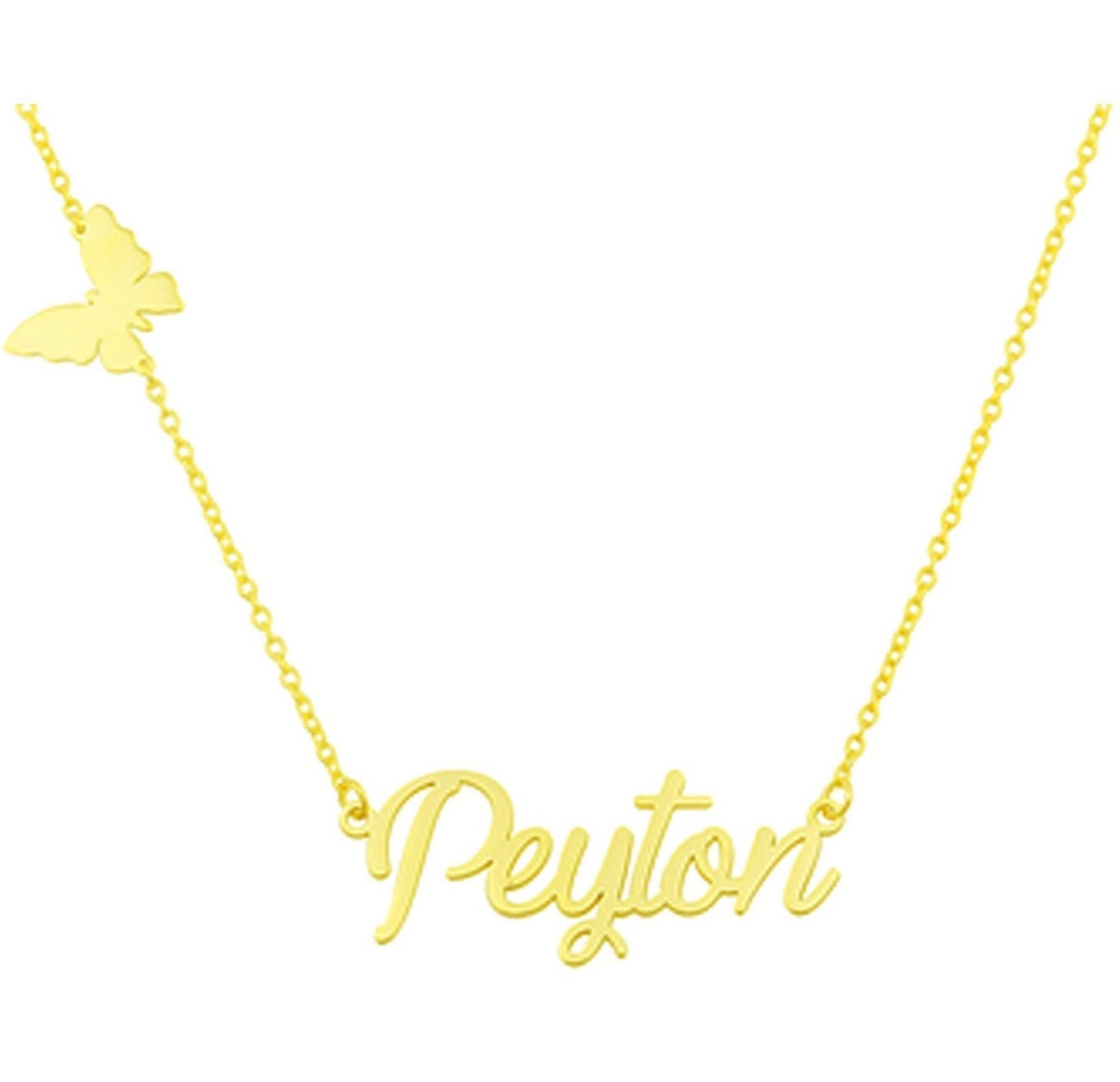 Personalized butterfly name plate necklace by Jack and Jewelz featuring a delicate butterfly pendant and custom engraved name.
