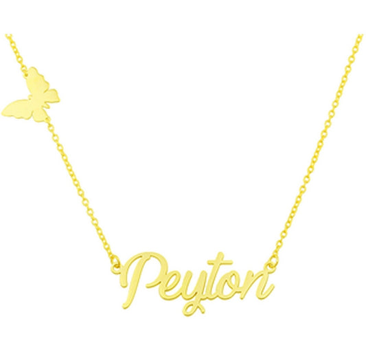 Personalized butterfly name plate necklace by Jack and Jewelz featuring custom engraved name on a delicate butterfly pendant.