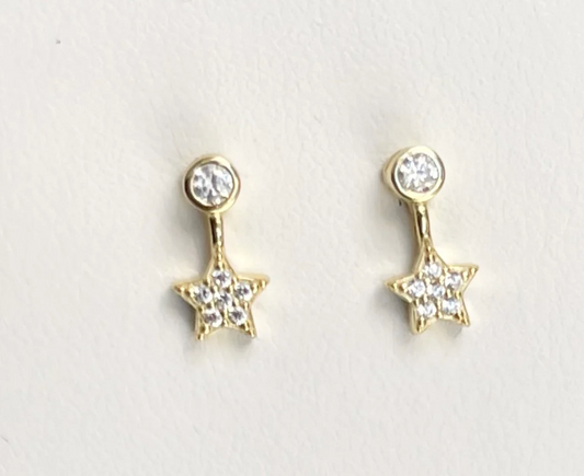 Star Bezel Earrings by Jack and Jewelz, close-up of gold earrings with star-shaped bezel design and sparkling accents.