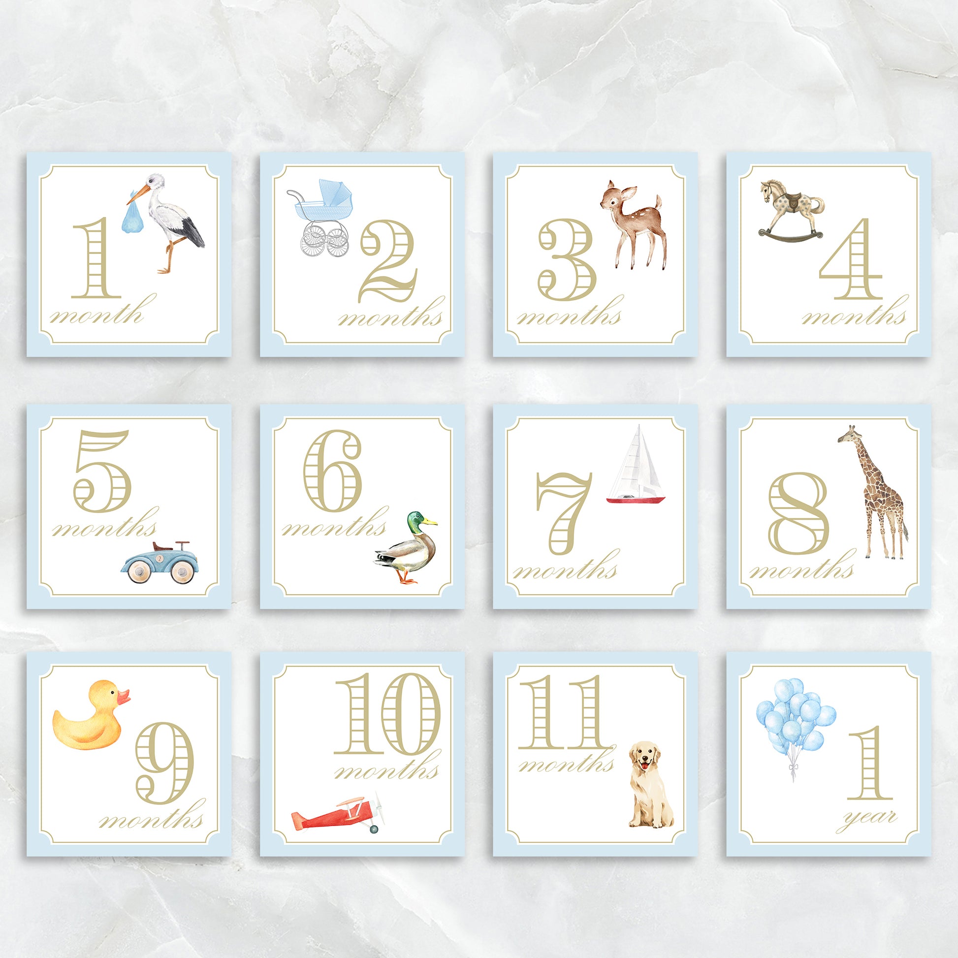 Blue baby milestone card box set by Katherine Kelly featuring a collection of milestone cards for baby boy.