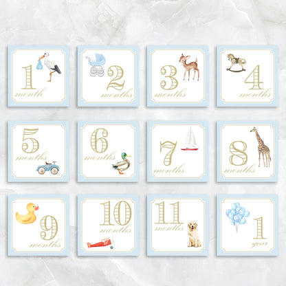 Blue baby milestone card box set by Katherine Kelly featuring a collection of milestone cards for baby boy.