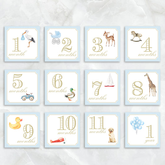 Blue baby milestone card box set by Katherine Kelly featuring a collection of milestone cards for baby boy.