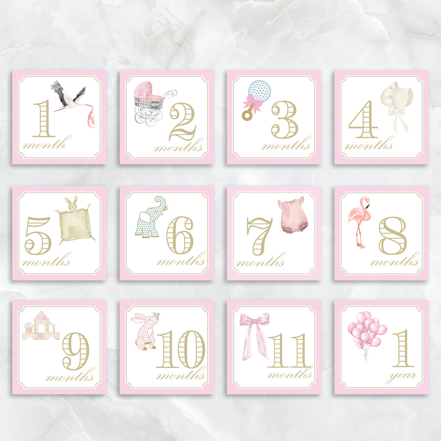 Pink milestone card set for girls by Katherine Kelly featuring baby milestone cards in a charming box.