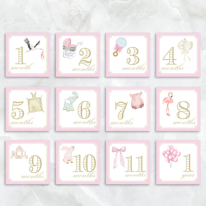 Pink milestone card set for girls by Katherine Kelly featuring baby milestone cards in a charming box.
