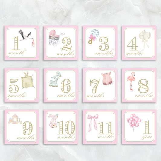 Pink milestone card set for girls by Katherine Kelly featuring baby milestone cards in a charming box.