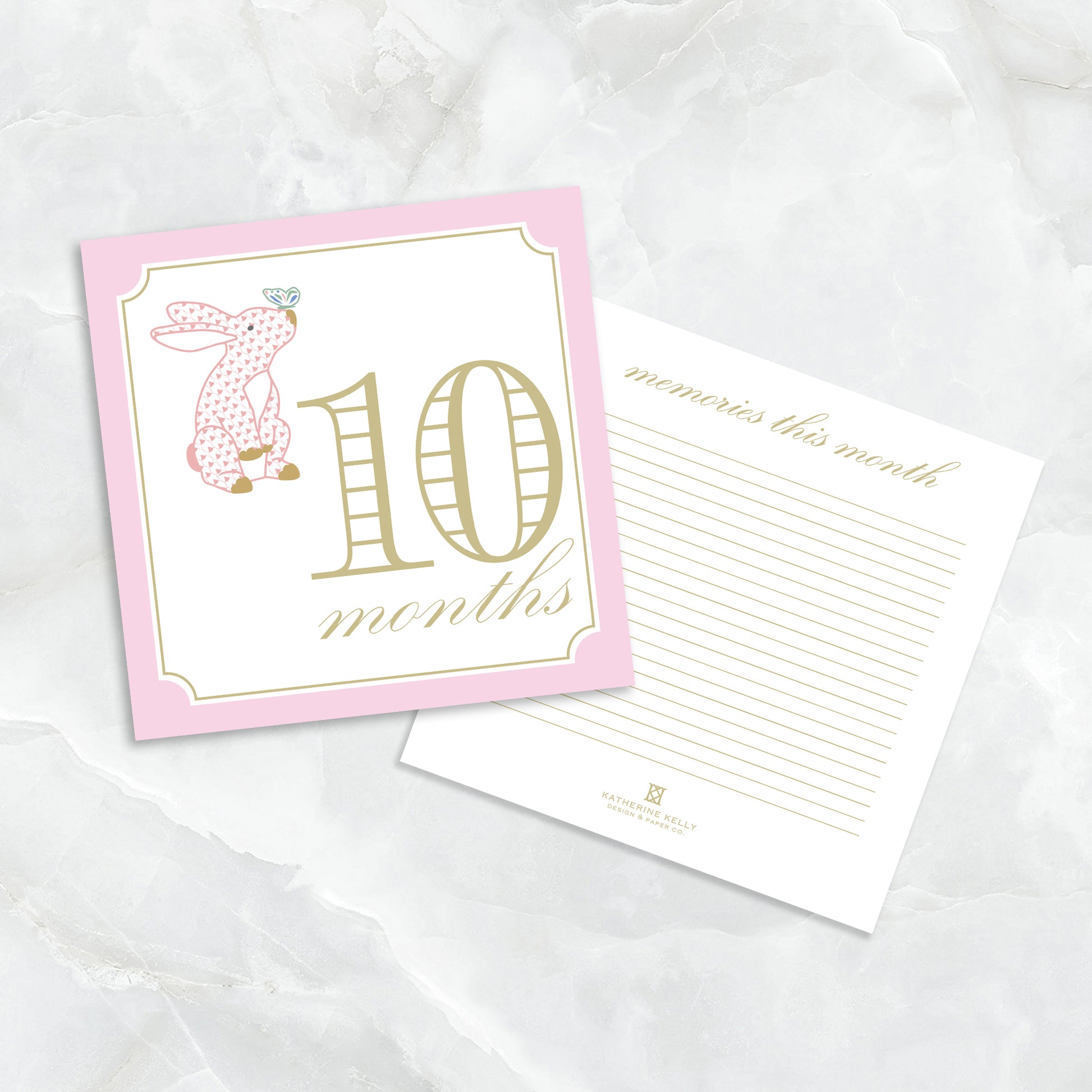 Pink baby milestone card set by Katherine Kelly featuring adorable double-sided milestone cards for girls.