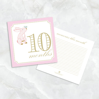 Pink baby milestone card set by Katherine Kelly featuring adorable double-sided milestone cards for girls.
