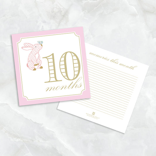 Pink baby milestone card set by Katherine Kelly featuring adorable double-sided milestone cards for girls.