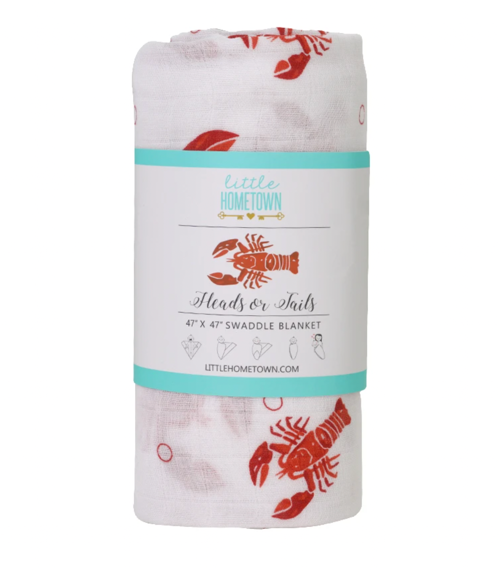 Soft baby lobster swaddle blanket by Little Hometown featuring a cute lobster pattern on cozy fabric.