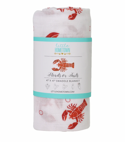 Soft baby lobster swaddle blanket by Little Hometown featuring a cute lobster pattern on cozy fabric.