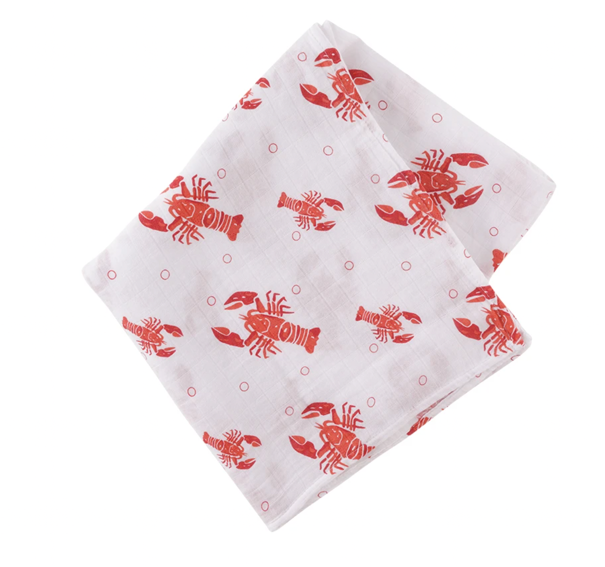 Baby wrapped in Little Hometown Lobster Swaddle Blanket featuring playful lobster and tail design on soft fabric.