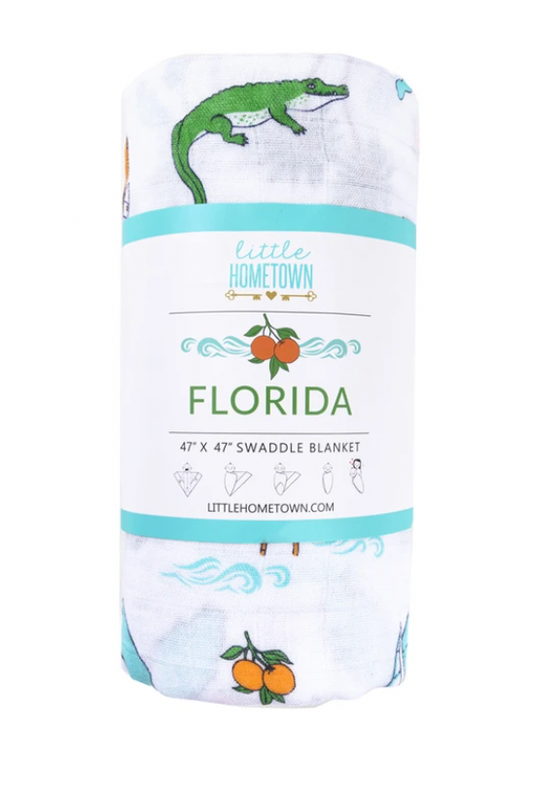 Unisex Florida Babe Baby Swaddle by Little Hometown, soft fabric with Florida-themed print, perfect for cuddling and comfort.