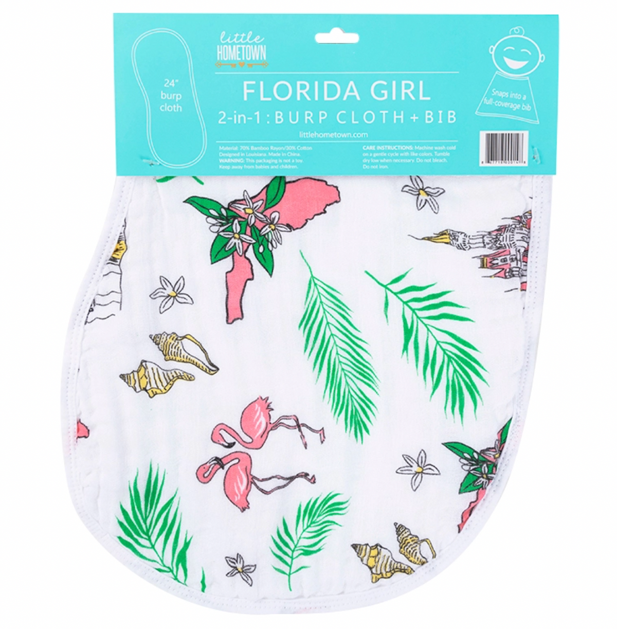Little Hometown Florida Baby Burp and Bib Combo with floral design, soft fabric, and adjustable snaps for comfort and style.