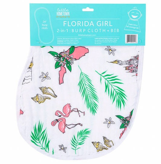 Little Hometown Florida Baby Burp and Bib Combo with floral design, soft fabric, and adjustable snaps for comfort and style.
