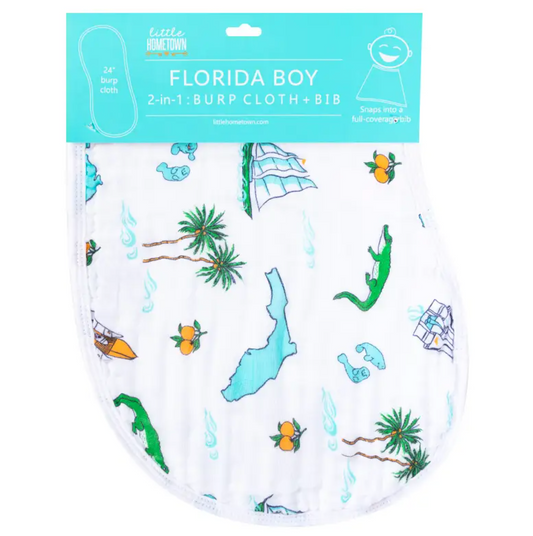 Unisex Florida Baby Bib and Burp Combo by Little Hometown, soft fabric with Florida-themed prints for infants.