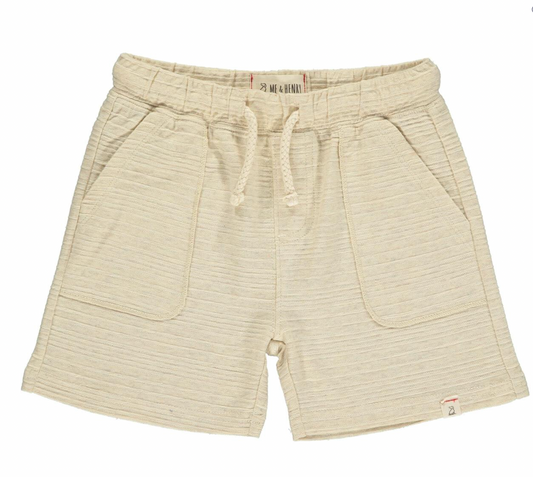 Beige Bluepeter Shorts by Me & Henry displayed on a hanger, showing their casual style and lightweight fabric.