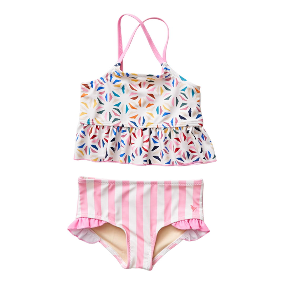 Pink Chicken Joy Tankini girls' swim set featuring a pink tankini top with playful design and matching swim bottoms for girls.