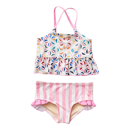 Pink Chicken Joy Tankini girls' swim set with colorful print, featuring a tankini top and matching bottoms for girls' swimwear.