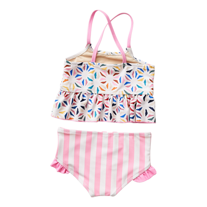 Pink Chicken Joy Tankini Girls Swim Set with colorful tank top and matching swim bottoms, perfect for summer beach days.