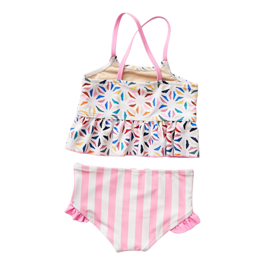 Pink Chicken girls' Joy Tankini swim set with ruffled top and matching bottoms, ideal for beach or poolside fun.