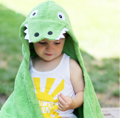 Kids alligator hooded towel by Yikes Twins, featuring a fun alligator hood and soft, absorbent fabric for bath time.
