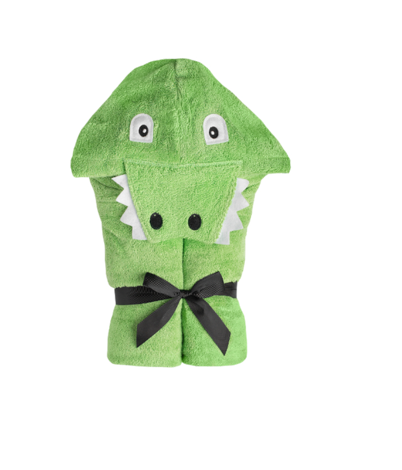 Kids Alligator Hooded Towel by Yikes Twins, featuring a green alligator design with hood and soft terry material for children.