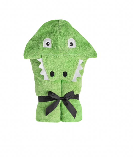 Kids Alligator Hooded Towel by Yikes Twins, featuring a green alligator design with hood and soft terry material for children.