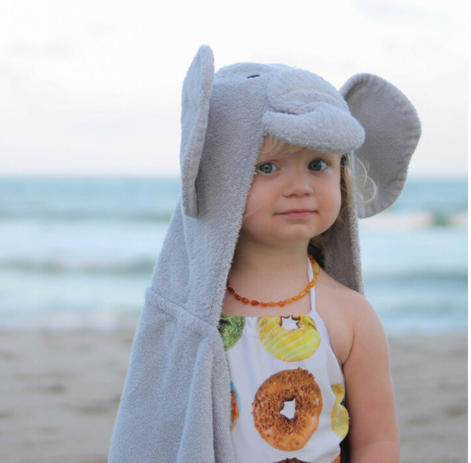 Kids Elephant Hooded Towel from Yikes Twins featuring a soft, plush towel with an adorable elephant hood for children.