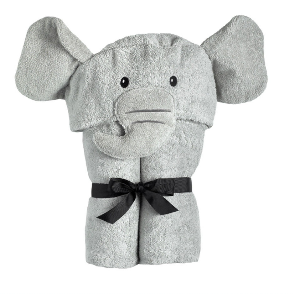 Kids Elephant Hooded Towel by Yikes Twins, featuring a soft gray towel with an adorable elephant hood for children.