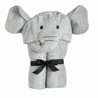 Kids Elephant Hooded Towel by Yikes Twins, featuring a soft gray towel with an adorable elephant hood for children.