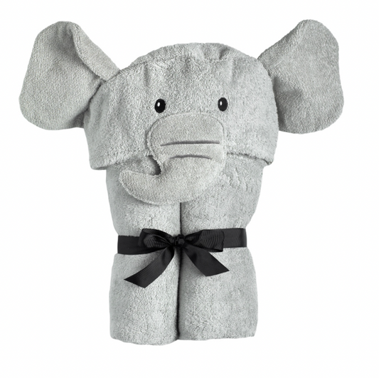 Kids Elephant Hooded Towel by Yikes Twins, featuring a soft gray towel with an adorable elephant hood for children.