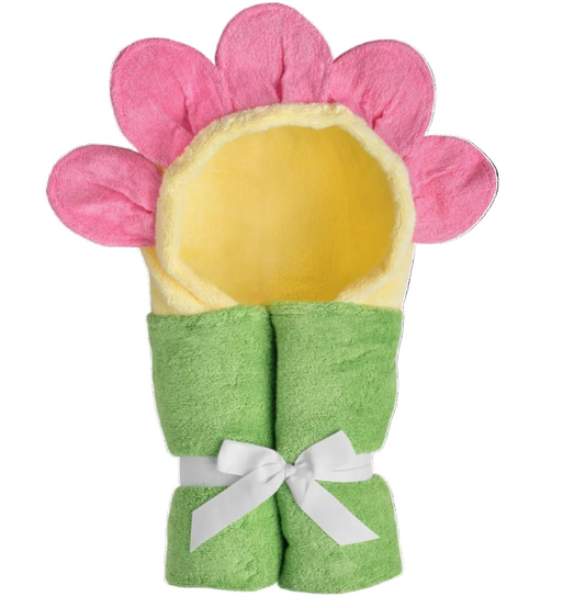 Kids flower hooded towel by Yikes Twins, featuring a colorful floral design and cozy hood for bath time fun.
