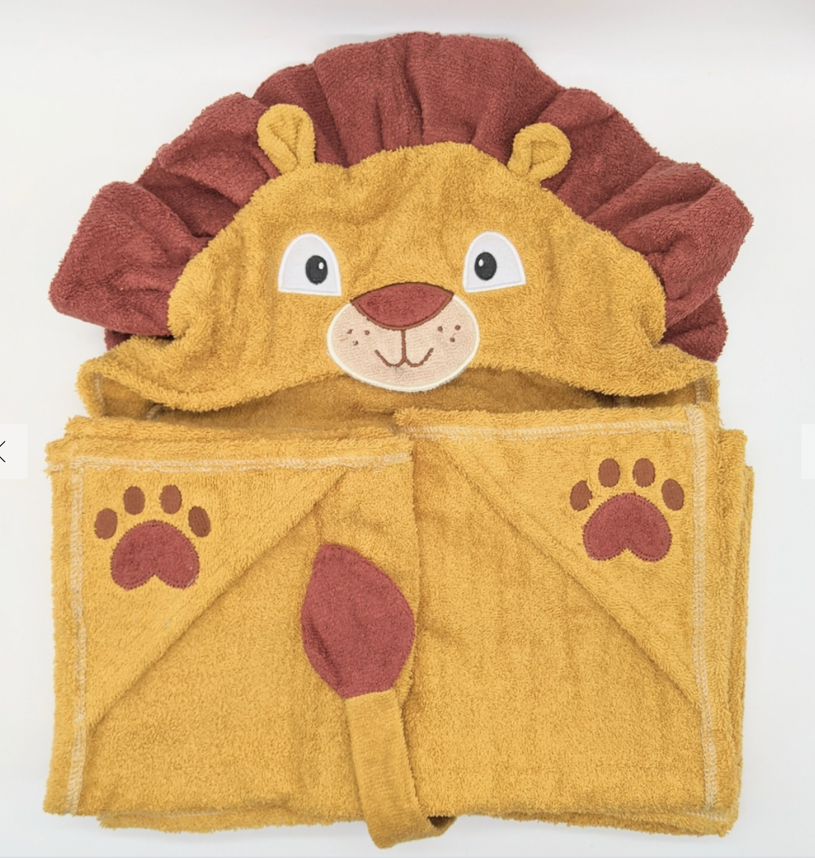 Kids lion hooded towel by Yikes Twins featuring a cute lion face hood and soft, absorbent fabric for bath time fun and warmth.