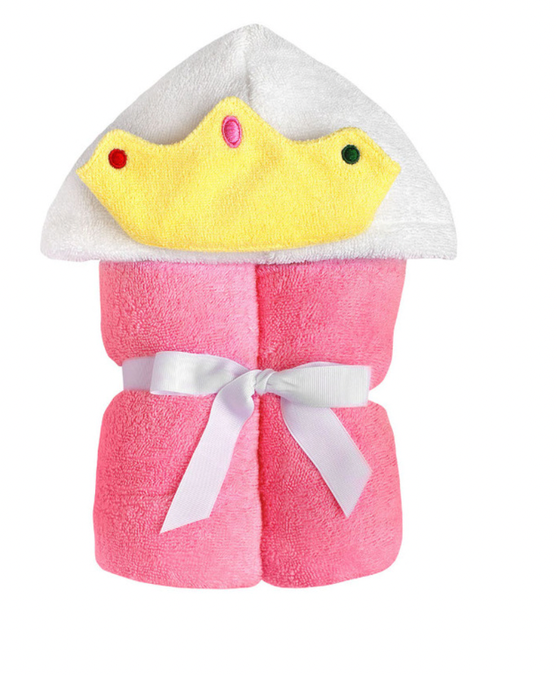 Pink kids princess hooded towel by Yikes Twins, featuring a hood with princess design and soft, absorbent fabric for children