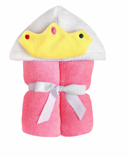 Pink kids princess hooded towel by Yikes Twins, featuring a hood with princess design and soft, absorbent fabric for children