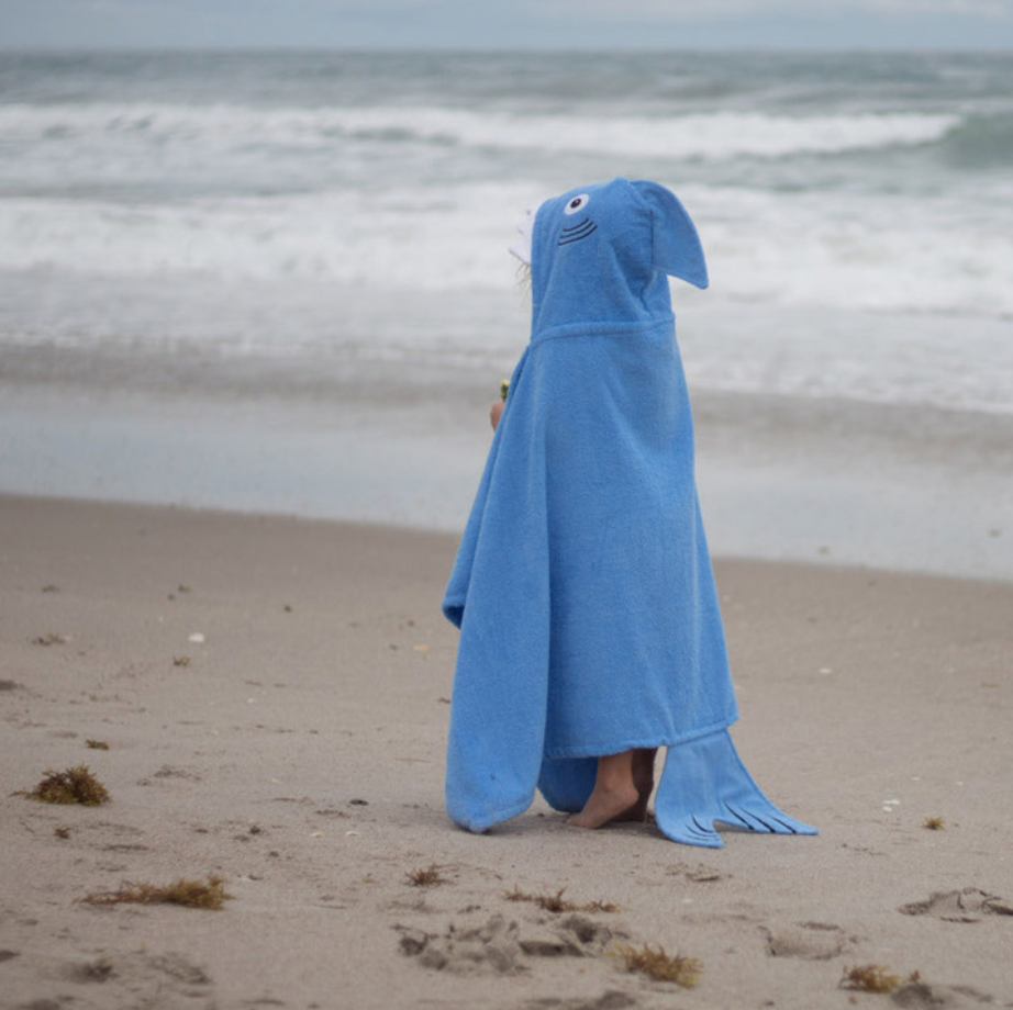 Kids Shark Hooded Towel by Yikes Twins featuring a playful shark design with a hood and soft terry fabric for kids.