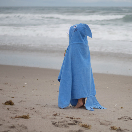 Kids Shark Hooded Towel by Yikes Twins featuring a playful shark design with a hood and soft terry fabric for kids.