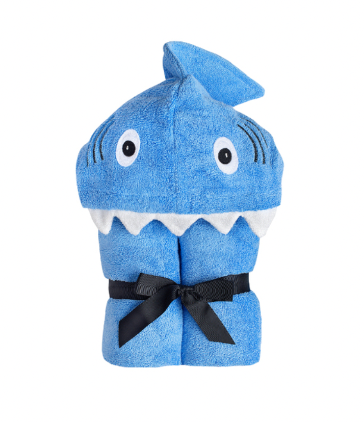 Kids Shark Hooded Towel by Yikes Twins featuring a shark design with a hood, soft and absorbent for swimming and bath time.