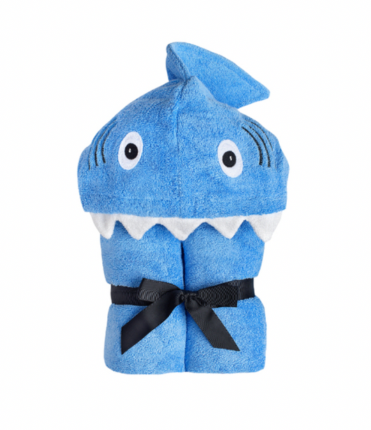 Kids Shark Hooded Towel by Yikes Twins featuring a shark design with a hood, soft and absorbent for swimming and bath time.